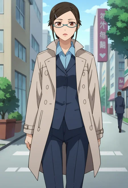 score_9,score_8_up,score_7_up,score_6_up,score_5_up,score_4_up,anime coloring,source_anime,<lora:Misaki_Kirihara_Darker_than_Black_Pony:0.7>,misaki,1girl,solo,brown eyes,brown hair,swept bangs,ponytail,sidelocks,hairclip,blue glasses,lipstick,suit,blue shirt,collared shirt,grey coat,pants,pumps,walking,outdoors,city,