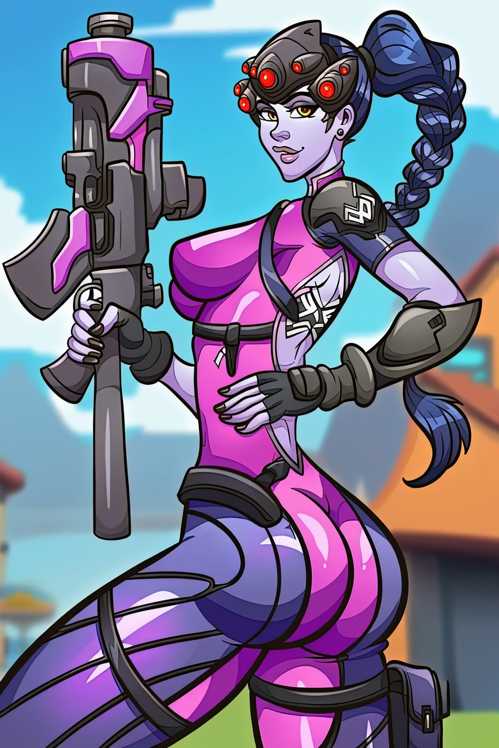 overwatch widowmaker_(overwatch) highres 1girl arm_tattoo artist_name ass black_gloves black_nails blue_sky blurry blurry_background bodysuit braid braided_ponytail breasts colored_skin fingerless_gloves gloves gun hand_on_own_hip head-mounted_display holding holding_gun holding_weapon long_hair purple_skin rifle sky sniper_rifle solo tattoo two-tone_bodysuit weapon yellow_eyes
 <lora:ClipArtsPony:1>