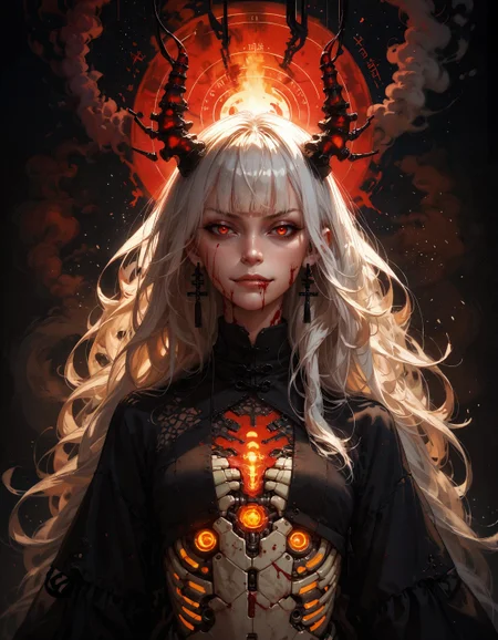 score_9, score_8_up, score_7_up, score_6_up, score_5_up, score_4_up,  (kanji, chinese characters:1.2), demon, cyberdemon, black horns, black scales, fiery glow, embedding:zPDXL, 1girl, (evil smirk:1.2), solo, small breasts, very long hair, bangs, simple background, white hair, red eyes, black cloth, bloody eyes, closed mouth, weapon, black, evil, horror, (blood:1.1), blunt bangs, medium hair, floating hair, black background, science fiction, android, cable, mechanical, cyborg, robot joints, mechanical parts, tube, spine