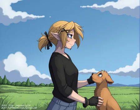 <lora:_JayNaylor_NAIXL:1.1> art by JayNaylor, best quality, masterpiece, uncensored, source_anime, pointy ears, blue eyes, gloves, blonde hair, hair ornament, fingerless gloves, blush, jewelry, outdoors, earrings, from side, upper body, bangs, animal, black gloves, sky, solo, brown hair, closed mouth, profile, short ponytail, day, ponytail, long sleeves, cloud, short hair, hairclip, medium hair, looking at another, cloudy sky, sidelocks, low ponytail, blue sky, thick eyebrows, grass, standing, looking to the side, twitter username, hair ribbon, dated, x hair ornament, bracelet, smile, braid, black shirt, parted bangs, pants, vambraces