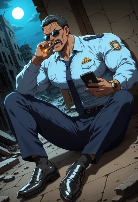 BREAK anime color,from_side,dutch angle,full_shot,(solo),1boy,male focus,
full-length portrait,on ground,with a cigar in his mouth,1 phone,Smartphones,call for help,holding_phone,
masculine face,daddy looking face,masculine,wrinkle,Villain,thug,
Abrego,Black hair,sunglasses,mustache,<lora:Abrego__Black_Lagoon:0.8>,
annoyed,open mouth,
police_uniform,dark blue pants,light blue shirt,dark blue tie,formal attire,long_sleeves,large leather shoes,pure black socks,
tlarger men,Big body,broad shoulders,stocky_body,big muscule,
Dark skin,Muscled,narrow waist,toned body,
large pectorals,long legs,have muscular legs,
detailed face,detailed body,perfect anatomy,
masterpiece,best quality,amazing quality,
k0n0hanaya,<lora:-Konohanaya:0.4>,
Hotcha,<lora:hots_r1:0.2>,<lora:cfg_scale_boost:0.2>,<lora:NAI_QualityV1.1:0.4>,<lora:add-detail-xl:0.7>,
multicolored_background,moonlight,building_ruins,men's watch,