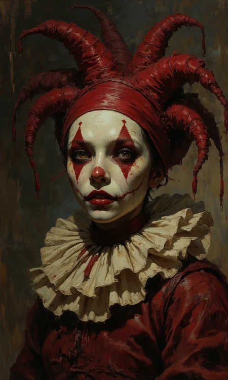 A medium, slightly downward-angled shot presents a digital painting of a figure wearing a jester or harlequin mask, rendered in a dark, painterly style with visible brushstrokes and a muted color palette. The figure's Body pose is facing forward but with the head tilted downwards and slightly to the left, creating a melancholic or sinister expression, emphasized by the mask's features. The image relies on heavy shadows and a limited range of colors, primarily dark reds, browns, and off-whites, to create a somber, unsettling atmosphere. The mask itself is the focal point, colored in a cracked, aged off-white, with a heart-shaped design on the forehead and stylized, downward-pointing triangles around the eyes, painted in a dark red, the mask features subtle cracks and smudges, giving it a worn, antique appearance. The figure's lips, visible beneath the mask, are painted a deep red, with a slight upward curve suggesting a subtle, unsettling smile, with small traces of red extending beyond the lip line. The jester's hat is a deep, muted red, with multiple pointed ends, draped and folded realistically, the hat's texture resembles worn fabric or leather, with visible creases and subtle highlights. A large, ruffled, off-white collar encircles the figure's neck, made of a layered, pleated fabric that appears aged and slightly stained, with a thin, dark red ribbon tied loosely around the collar. The rest of the figure's attire is a dark, muted red, blending into the shadowy background, with subtle hints of texture and folds, suggesting a heavy, ornate fabric. The background is a dark, indistinct blend of browns and grays, with subtle variations in tone and texture, creating a sense of depth and obscurity, the light seems to come from above and slightly to the right, casting strong shadows on the mask and collar, giving the image a chiaroscuro effect., <lora:FLUX-daubrez-DB4RZ-v2:0.35> DB4RZ, DB4RZ style painting
<lora:ILLUSTRATION (FLUX) - V3.1:0.35> illustranion