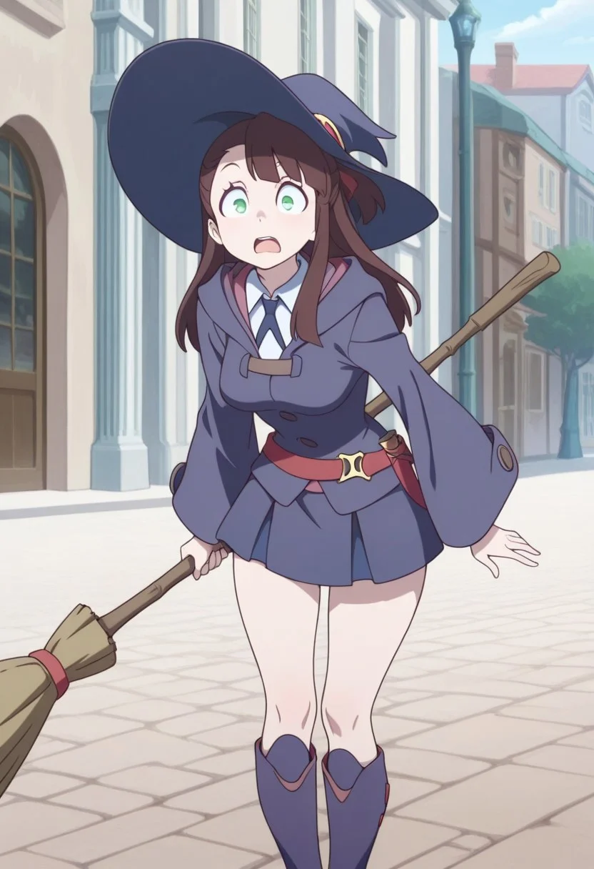 masterpiece,best quality,amazing quality, source_anime, surprised,
(AndrewHanbridge:1), 1girl, medium breasts, solo, green eyes, brown hair, long hair, luna nova school uniform, hat, witch hat, shirt, white shirt, collared shirt, ribbon, neck ribbon, jacket, purpe jacket, long sleeves, wide sleeves, belt, red belt, boots, purple boots, knee boots, broom, witch broom, holding broom, young face,
outdoor,