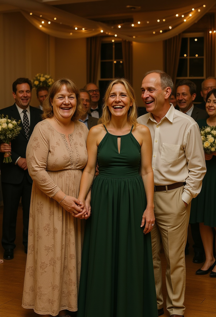 a group of people standing next to each other on a dance floor, smiling and laughing. In the background, there are people, flower bouquets, lights, curtains, windows, and a wall, creating a festive atmosphere.
