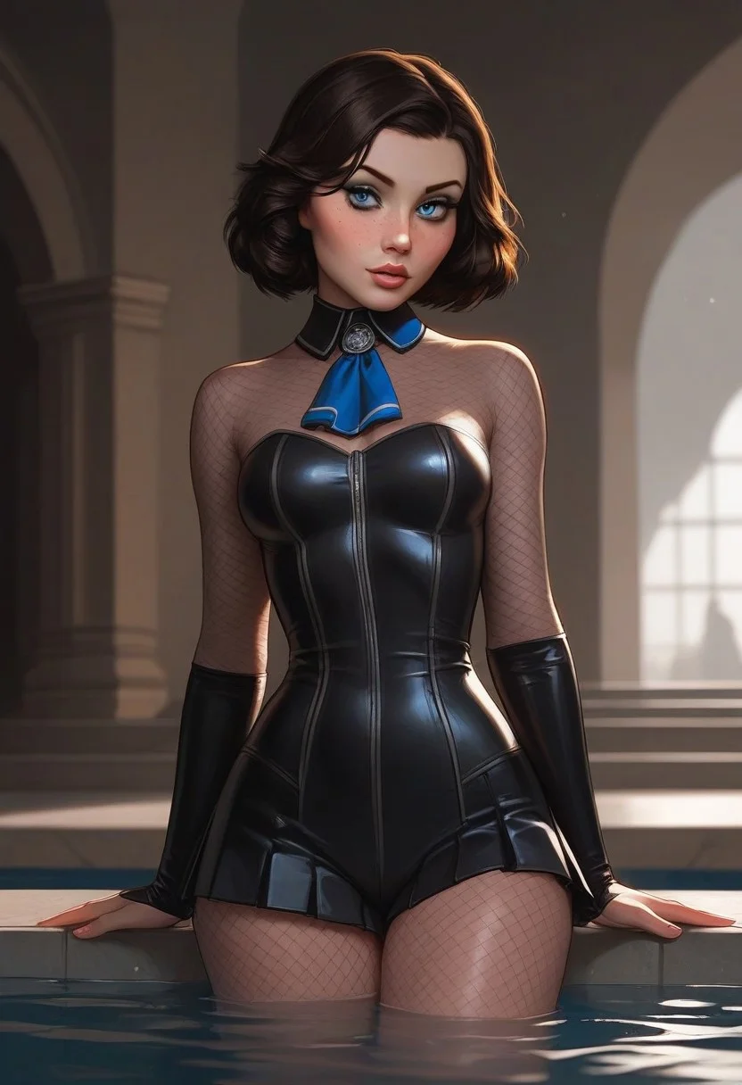 masterpiece,best quality, highly detailed, score_9, score_8_up, score_7_up, score_6_up, score_5_up, score_4_up, Expressiveh, Elizabeth from Bioshock Infinite, 18 year old girl, white blouse with blue fabric kerchief tie, long navy blue pleated skirt, pretty face, sexy hips, detailed hips, seductive hips, detailed face, sharp eyes, black fishnet bodysuit highly detailed, couture, petite, slender body, slim legs, perky round breasts, thick pouty lips, ((freckles)), black fishnet bodysuit, partial underwater view, leaning on the side of a pool, girl in water, elbows in pool edge