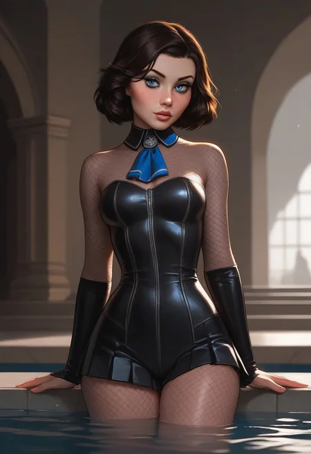 masterpiece,best quality, highly detailed, score_9, score_8_up, score_7_up, score_6_up, score_5_up, score_4_up, Expressiveh, Elizabeth from Bioshock Infinite, 18 year old girl, white blouse with blue fabric kerchief tie, long navy blue pleated skirt,  pretty face, sexy hips, detailed hips, seductive hips, detailed face, sharp eyes,  black fishnet bodysuit     highly detailed, couture, petite, slender body, slim legs, perky round breasts, thick pouty lips, ((freckles)), black fishnet bodysuit, partial underwater view, leaning on the side of a pool, girl in water, elbows in pool edge