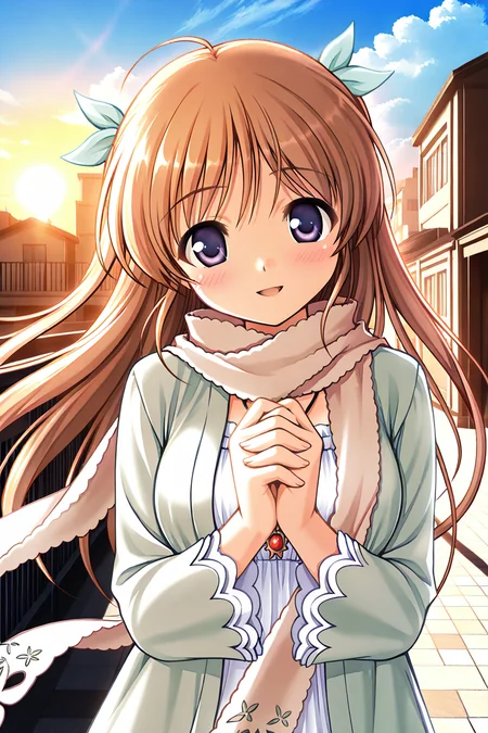 masterpiece, best quality, absurdres, official art, official style, rating general BREAK <lora:shirasakitsugumi_IL_v1-1:0.7>, shirasaki tsugumi, 1girl, solo, purple eyes, blue eyes, light brown hair, long hair, two side up, hair ribbon, white ribbon, light green ribbon, medium breasts, scarf, necklace, light green jacket, open jacket, white dress, long dress, lace-trimmed dress, long sleeves, frilled sleeves, layered sleeves, blush, blush stickers, smile, open mouth, looking at viewer, own hands together, hand on own chest, floating scarf, floating hair, floating clothes, outdoors, scenery, sun, sunset, cloud, building, city, sunlight, parted lips, glowing in backlight, sunset cityscape, evening sun, warm orange light, red theme, upper body, close-up