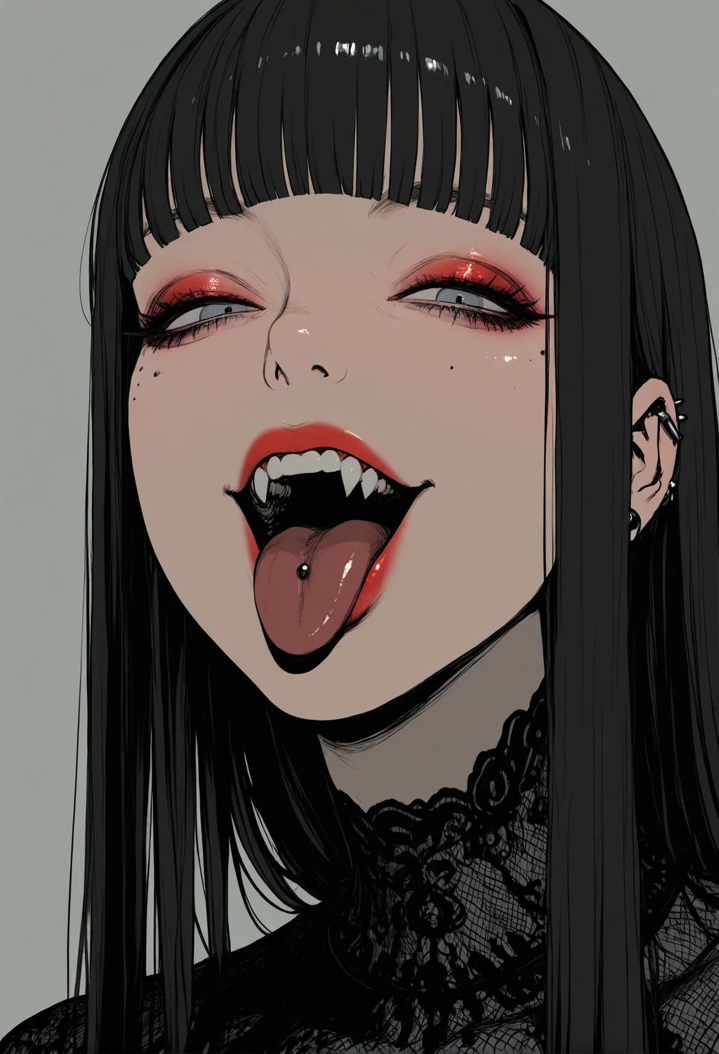 sinner2, 1girl, solo, tongue, tongue_out, mole, mole_under_eye, piercing, long_hair, ear_piercing, black_hair, bangs, earrings, jewelry, looking_at_viewer, fangs, grey_background, open_mouth, blue_eyes, simple_background, blunt_bangs, portrait, tongue_piercing, grey_eyes, face, teeth, makeup, spot_color, smile, eyelashes, sanpaku, detailed lighting, masterpiece, best quality, beautifully drawn, elegantly detailed, 8k, newest, sinner2, <lora:93c134cc-97e6-4e59-b3aa-eb026cc9598c:0.9>