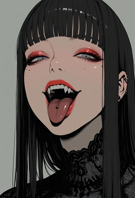 sinner2, 1girl, solo, tongue, tongue_out, mole, mole_under_eye, piercing, long_hair, ear_piercing, black_hair, bangs, earrings, jewelry, looking_at_viewer, fangs, grey_background, open_mouth, blue_eyes, simple_background, blunt_bangs, portrait, tongue_piercing, grey_eyes, face, teeth, makeup, spot_color, smile, eyelashes, sanpaku, detailed lighting, masterpiece, best quality, beautifully drawn, elegantly detailed, 8k, newest, sinner2, <lora:93c134cc-97e6-4e59-b3aa-eb026cc9598c:0.9>