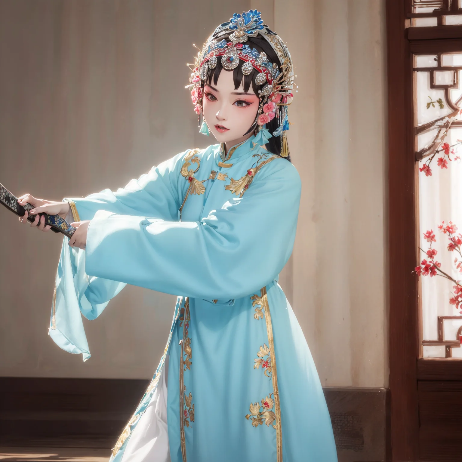 (8k, best quality, masterpiece:1.2),(best quality:1.0),ultra highres:1.0, 1girl, red huadan, extremely detailed, render, 4k, absurdres, HDR, dancing, fighting stance, holding sword, close-up, <lora:ChineseOperaCostumes_v15:0.7>