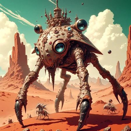 highly detailed, intricate, detailed background, famous artwork inspired by (bioshock:1.2) and (journey to the savage planet:1.1) and (john constable:1.4), cinematic film still, the "rocky dinglerankle" is a fearsome desert dweller of planet "vaderheim viii", camouflaged amidst the amber dunes we see it surveying the surroundings with its intricate vorbing multifaceted eyes from atop a colorful indorgeffle, beware its poisonous frotzgobbler, golden ratio, in the style of ck-ovf, amanoer, arsmjstyle, dnddarkestfantasy, aidmamj6.1,
<lora:style-oneviolentfantasy-ep21-flux-by_chronoknight:0.4>
<lora:style-yoshitaka_amano-elden_ring-flux-by_alicient:0.68>
<lora:style-dnd_dark_fantasy-flux-by_arsmachina:0.76>
<lora:midjourney_61-v0.4-flux-by_aidma:0.48>
<lora:faetastic_details-flux-by_faeia:0.4>