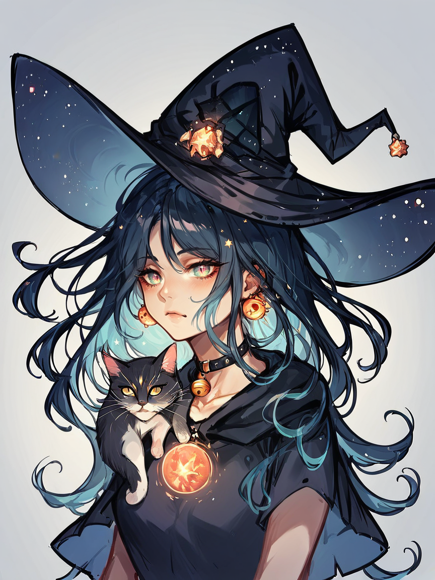 score_9, score_8_up, score_7_up, score_6_up, score_5_up, score_4_up, <lora:yum4rtXLP:0.8> yum4rt, galaxy, witch, 1girl, cat