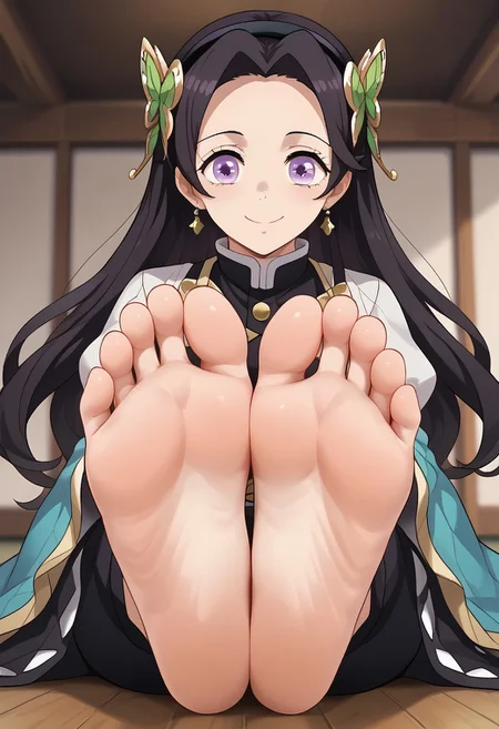 score_9, score_8_up, score_7_up, score_6_up, score_5_up, score_4_up, source_anime, BREAK, (masterpiece:1.4), (best quality:1.2), expressive eyes, perfect face, perfect anatomy, accurate anatomy, perfect feet, perfect soles, 1 girls, feet, soles, toes, foot focus, front view, smile, cute expression, clean feet, sitting, hands on ground, showing feet, barefoot, PONYXL_WaifuFeetPics_ownwaifu, feet, perfect feet, soles, 4 toes in left foot, 4 toes in right foot, perfect anatomy, accurate anatomy, foot focus, feet, toes, sitting, Kanae Kocho, long dark hair, violet eyes, busty, beautiful, haori, Female_Corrin_(cosplay), black hairband, armored dress, armored pants, blue cape, puffy sleeves, juliet sleeves, vambraces, black gloves, barefoot, feet together, close up, feet close up