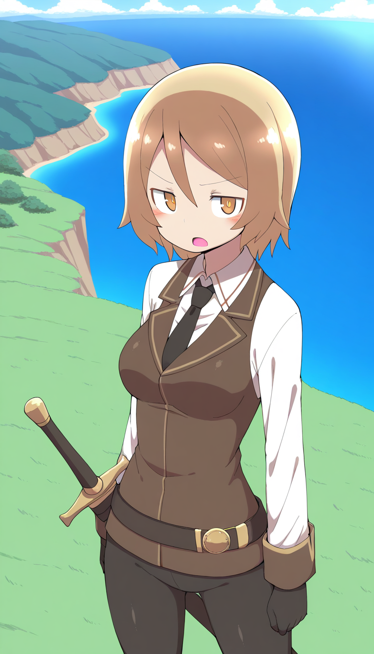 general,highres, ultra-detailed,very aesthetic,best quality ,best hands,  BREAK  <lora:Moka_margaret_IS:1>Moka_margaret, 1girl, short hair, blonde hair, brown hair, brown eyes, breasts,
solo, gloves, necktie, black gloves, weapon, black necktie, vest, long sleeves, shirt, open mouth, sword, sheath, 
cowboy shot, collared shirt, white shirt, pants, yellow eyes, looking at viewer, sheathed, arms at sides, standing, orange eyes, bangs, pantyhose, brown vest, black pants,
island, grass,