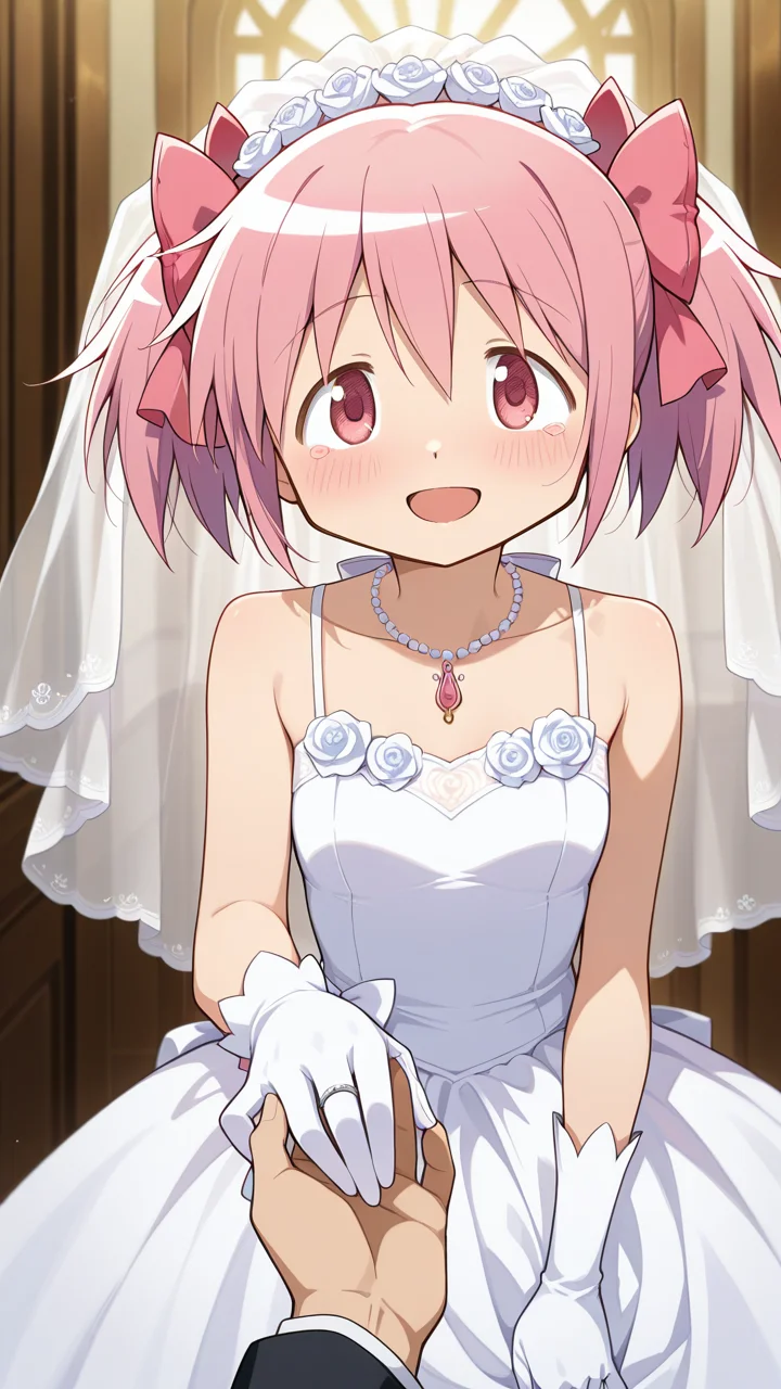 masterpiece, best quality, amazing quality, very aesthetic, absurdres, newest, anime screencap, <lora:kanamemadokaILM:1>, kaname madoka, hair bow, pink eyes, pink hair, short hair, twintails, short twintails, bow, pink bow, blush,, wedding dress, wedding, flower, wedding ring, hair flower, bridal veil, flower, gloves, hair ornament, happy, happy tears, open mouth, looking at viewer, pov, pov hands, ribbon, ring, white dress, sleeveless dress, collarbone, bare_shoulders, holding hands,