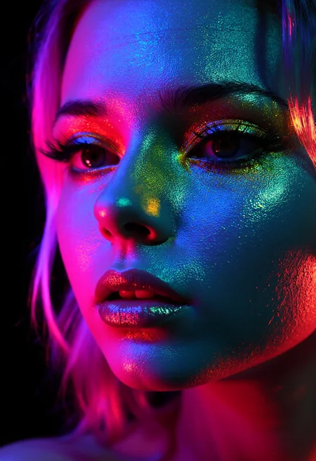 Mesmerizing close-up portrait bathed in vibrant neon colors. Face illuminated by a kaleidoscope of electric hues - cyan, magenta, yellow, and emerald green. Striking contrast between cool blues and warm oranges across the features. Iridescent, glitter-like particles scattered over the skin, creating a cosmic effect. Piercing eyes with multicolored reflections, framed by dramatic lashes. Lips shimmering with holographic sheen. Hair melting into the background in streaks of hot pink and electric blue. Sharp contours accentuated by bold color transitions. Black background amplifying the intensity of the neon palette. Cyberpunk aesthetic meets high-fashion makeup artistry. Hyper-realistic rendering with ultra-sharp focus on every colorful detail.