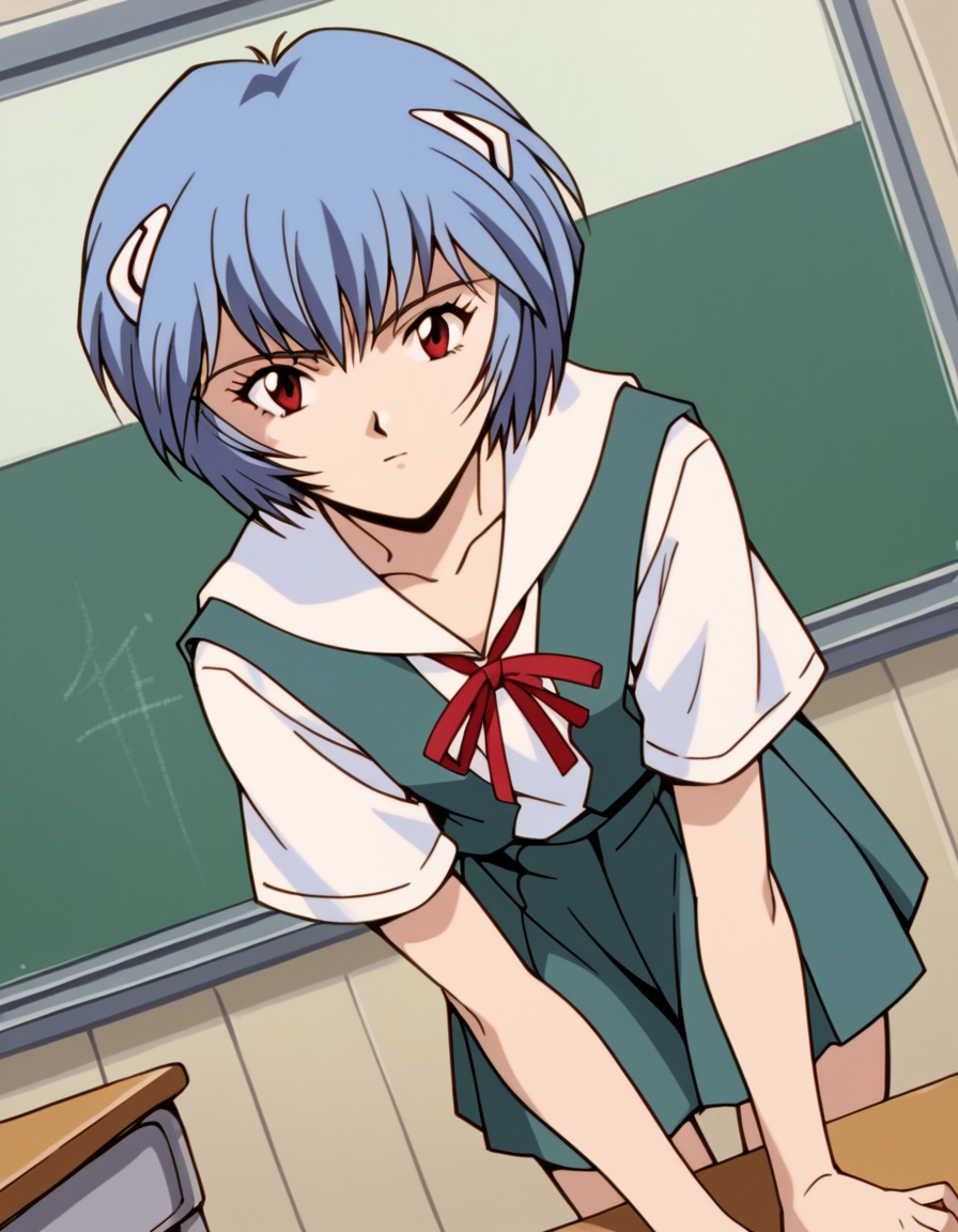 score_9, score_8_up, score_7_up, source_anime,
reiayanami,  <lora:rei-ayanami-classic-ponyxl-lora-nochekaiser:1>,
rei ayanami, ayanami rei, blue hair, short hair, red eyes,
skirt, shirt, ribbon, school uniform, white shirt, short sleeves, red ribbon, neck ribbon, tokyo-3 middle school uniform,
classroom, bent over,
cowboy shot, looking at viewer, solo, dutch angle,