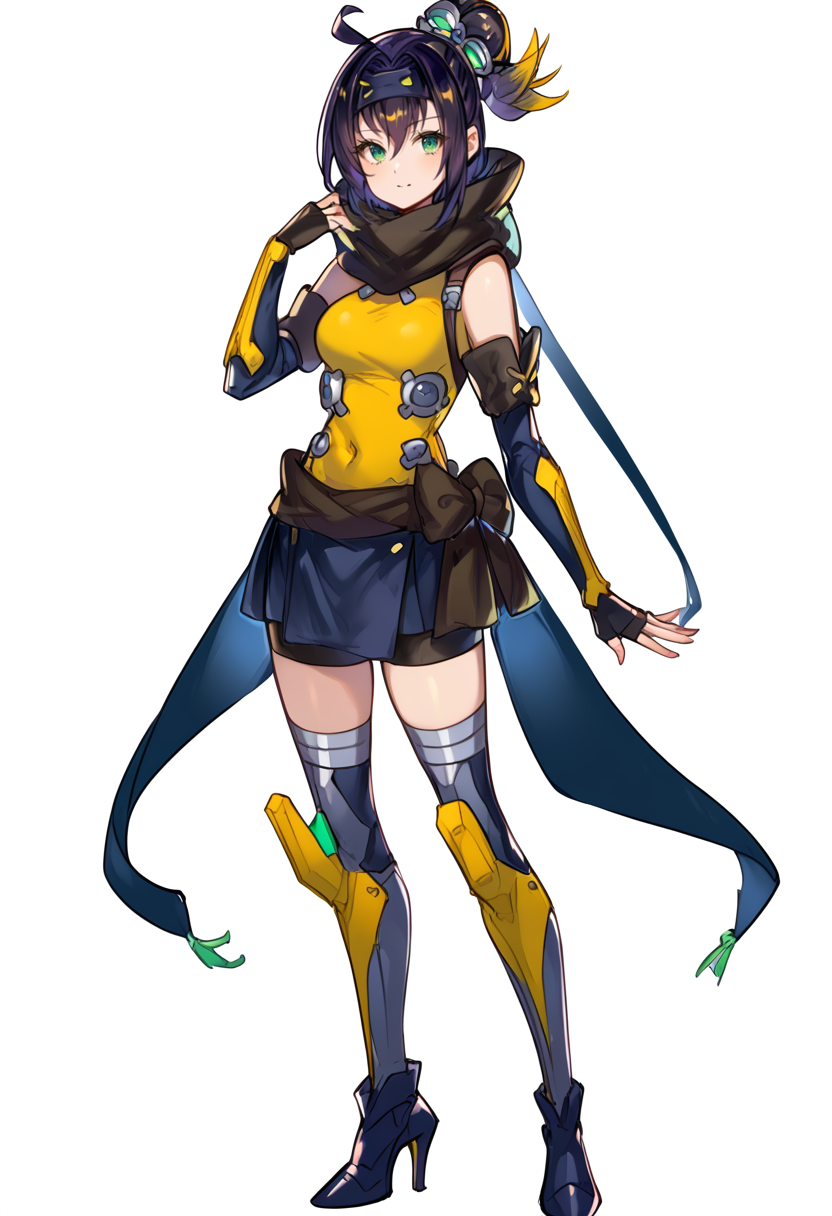 (score_9:0.9),score_8_up,score_7_up,anime style,rating_safe,(zPDXL),<lora:Sp little knight ponyXL v2:0.8>, Sp little knight, yellow clothes, black forehead protector, black fingerless elbow gloves, yellow thigh boots, silver hair ornament, solo, 1girl, white background, simple background, high heels, looking at viewer, full body, standing, sketch