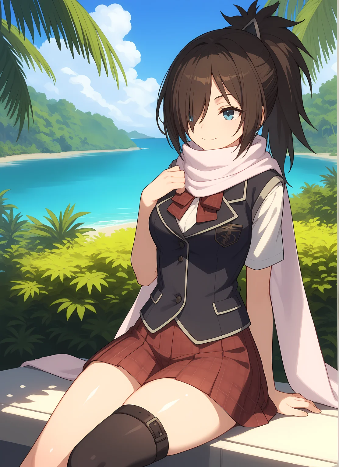 score_9,score_8_up,score_7_up,closed mouth, shiny skin, light smile,ohwx, scarf, 1girl, hair_over_one_eye, black_hair, ponytail, solo, blue_eyes, long_hair, brown_hair short_hair, solo_focus,school_uniform, skirt, bow, plaid, plaid_skirt, white_scarf, thighhighs, vest, thigh_strap, single_thighhigh, Sitting with hands in the lap, tropical island with magical waterfalls,<lora:levi_kazama_pony_sobsynapse-000004:1>