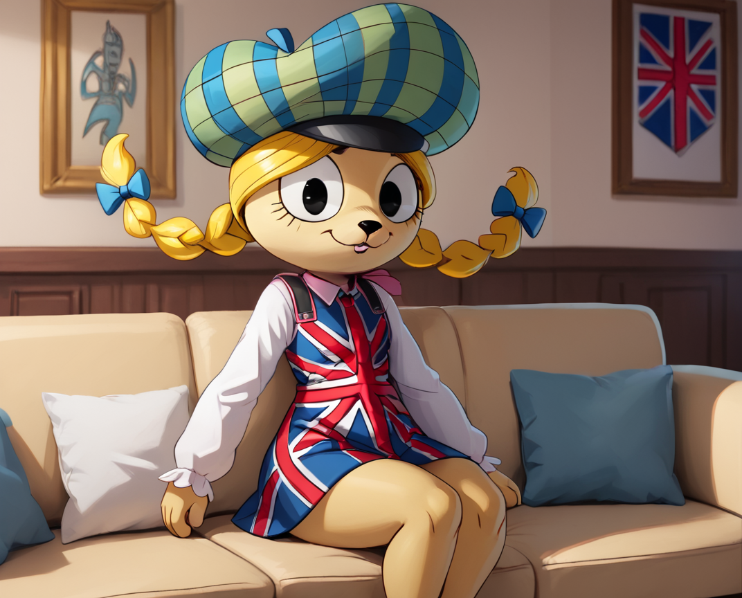 score_9, score_8_up, score_8,   <lora:Eurotrish_for_PonyXl:0.8> 1girl, fhstyle, hat, solo, furry female, hair bow, blonde hair, twin braids, braid, living room, sitting on couch, union jack dress, white sleeves