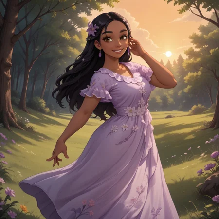 score_9, score_8, BREAK, solo, black hair, brown eyes, flower hair ornament, earrings, dark skin, dark skin female, lavender long dress, purple shoes, Isabela_Madrigal_(Encanto), cute, sexy pose, self portrait, smile, outdoors, sunlight, shadows, evening lighting, natural lighting, forest, trees, grass, orange sky, sunset
