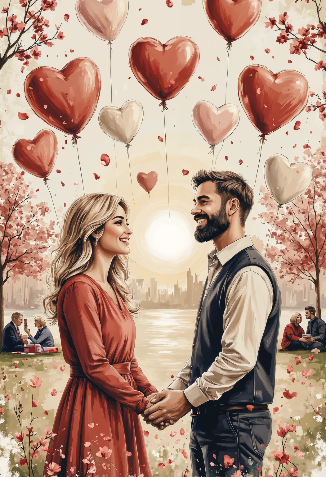 A beautiful park filled with floating heart-shaped balloons in shades of red, pink, and white. A couple stands in the middle, holding hands, laughing joyfully as the wind plays with the balloons. The soft golden glow of the late afternoon sun enhances the dreamy atmosphere. Petals from cherry blossoms gently fall around them, adding to the magical scene. The background features blurred couples enjoying picnics and sharing loving moments. Photorealistic, soft lighting, warm and romantic mood