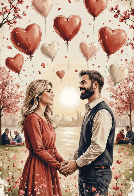 A beautiful park filled with floating heart-shaped balloons in shades of red, pink, and white. A couple stands in the middle, holding hands, laughing joyfully as the wind plays with the balloons. The soft golden glow of the late afternoon sun enhances the dreamy atmosphere. Petals from cherry blossoms gently fall around them, adding to the magical scene. The background features blurred couples enjoying picnics and sharing loving moments. Photorealistic, soft lighting, warm and romantic mood