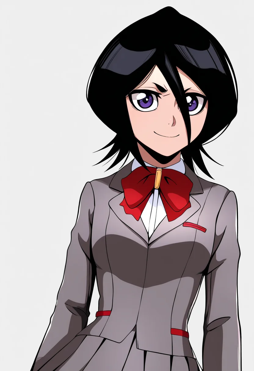 best quality, amazing quality, very aesthetic, absurdres,
1girl, kuchiki rukia, purple eyes, black hair, short hair,
blazer, school uniform, pleated skirt,
upper body, smile,
looking at viewer, solo, simple background, white background, <lora:RukiaKuchikiNoobXL_byKonan:1>
