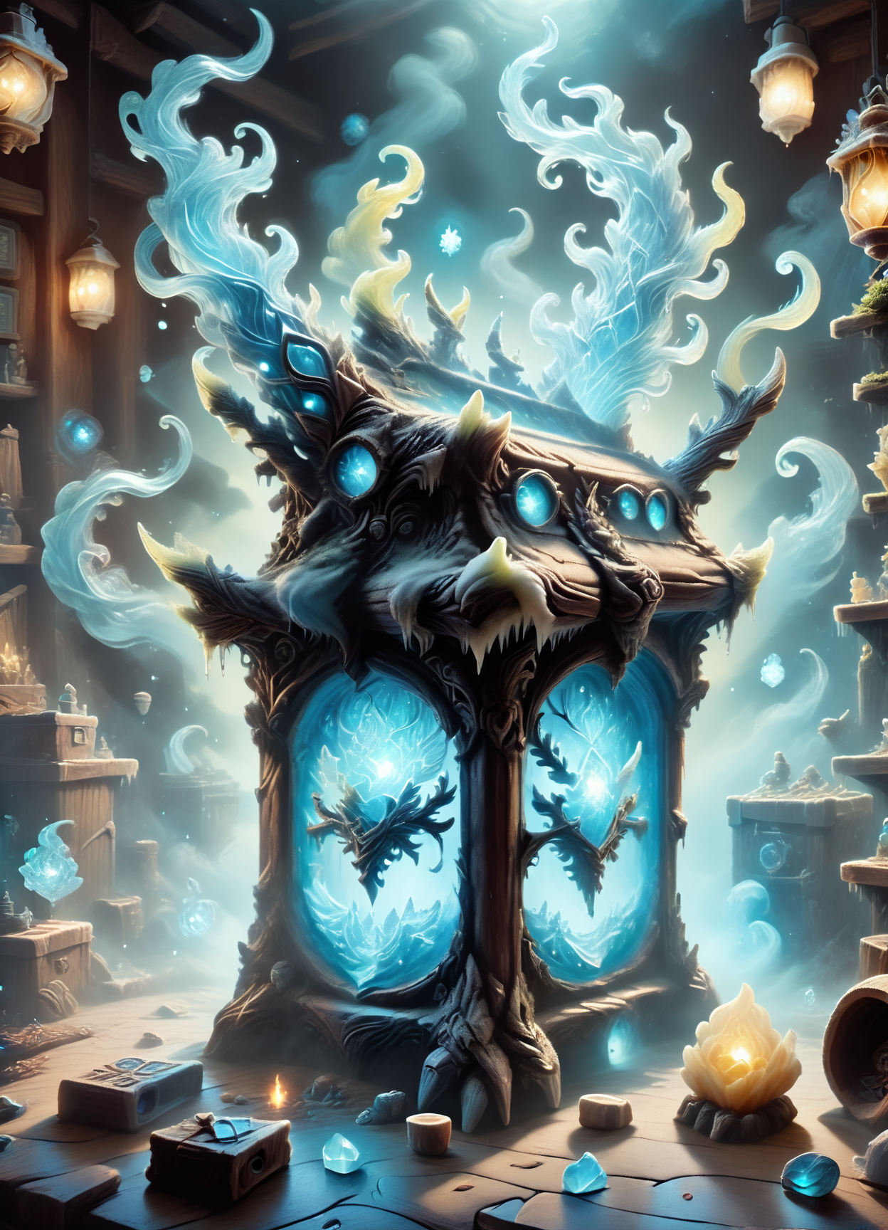DonMGl00my1c3XL,score_9, score_8_up, score_7_up, score_6_up, elven spirit animal grove, storage bins, ceramic tiles, kerosene lamps,bonfire, bar lighting,fantasy, rating_safe <lora:DonMGl00my1c3XL-pony:1>