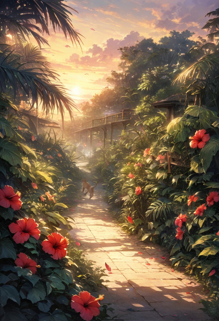 detailed background,( dreamy atmosphere, Calm landscape), amongst lush greenery, beautiful view, hibiscus in full bloom, hibiscus, early morning, sunrise sky, beautiful clouds, dappled sunlight, beautiful, Tropical Beach, Walkway, petals dancing in the wind, depth of field, masterpiece, best quality, ultra-detailed, very aesthetic, illustration, perfect composition, intricate details, absurdres, moody lighting, wisps of light, no humans, cat