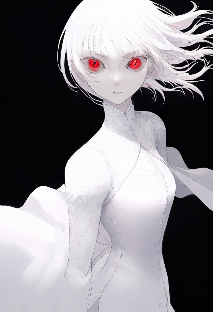 solo, looking at viewer, red eyes, black background, 1woman, long white hair, extremely pale skin, serious, all white blouse (pure white), masterpiece, best quality, very aesthetic, close up, intense look, absurdres
 <lora:monfornoob:0.95>