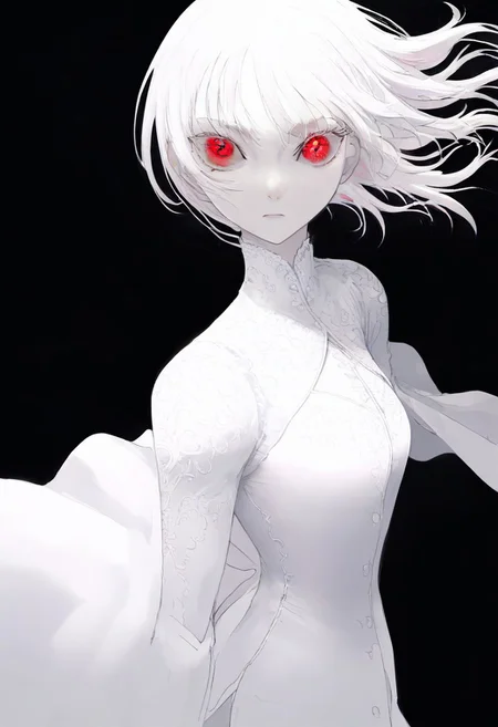 solo, looking at viewer, red eyes, black background, 1woman, long white hair, extremely pale skin, serious, all white blouse (pure white), masterpiece, best quality, very aesthetic, close up, intense look, absurdres
<lora:monfornoob:0.95>