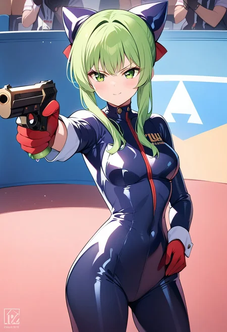 masterpiece, best quality, anime girl, latex suit, Turkish Killer Pose, holding (cucumber), LOOKING AT  (cucumber), AIMING