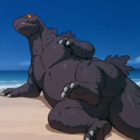 masterpiece, best quality, amazing quality, godzillaDSil, feral, male, godzilla, grey skin, grey back spines, yellow sclera, orange eyes, tail, on side, one leg raised, full body, on beach