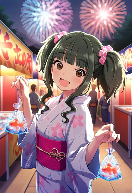 masterpiece,best quality,amazing quality, fujii tomo, brown eyes, dark green hair, japanese clothes, kimono, festival, twintails, fish, goldfish, smile, bagged fish, fireworks, open mouth, solo, 1girl