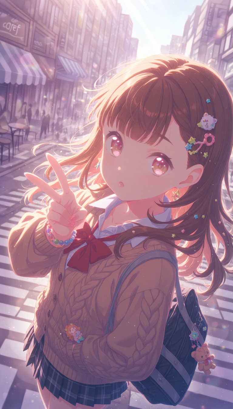 1girl, , kachimachi kosuzu, link! like! love live!, gradient pink eyes, long straight brown hair, side braids, black bow, center-flap bangs, side ahoge,
(closed eyes,blush,laughing),
BREAK
wearing  (brown cardigan, cable knit, buttons, star earrings, bow, plushie in pocket, heart sticker on cheek, school uniform, bowtie, untucked white shirt, black miniskirt, pleated skirt, plaid skirt), (too many hair ornaments:1.3), bead bracelet, colored fingernails, bag charm, duffel bag,
BREAK
looking at viewer,
standing, v,
(outdoors, awning, cityscape, street, crosswalk, cafe, storefront, crowd, sky),
(decora:1.3), (pastel colors:1.1),
QUALITY
(masterpiece, very aesthetic, absurdres),
BREAK
at noon, (sunbeam:1.1), (sunlight:1.1), rainbow highlights, bloom, dramatic lighting, (particles:1.2), (blurry background:1.2),  (from above,close-up,portrait), dutch angle blue shadow, sidelighting,
<lora:DynamicPoseIL2att_alpha1.0_rank4_noxattn_900steps:1.5>, <lora:illustrious_quality_modifiers_masterpieces_v1:1>, <lora:Dramatic Lighting SliderIL:3>,<lora:outline_xl_end:-10>, <lora:d\EnvyZoomSliderXL01:2>, <lora:il_contrast_slider_d1:-0.5>, <lora:colorful_sdxl_v2_lbw:1>, <lora:StS-Illustrious-Detail-Slider-v1.0:1>, <lora:darkness_xl_v20:0.65>