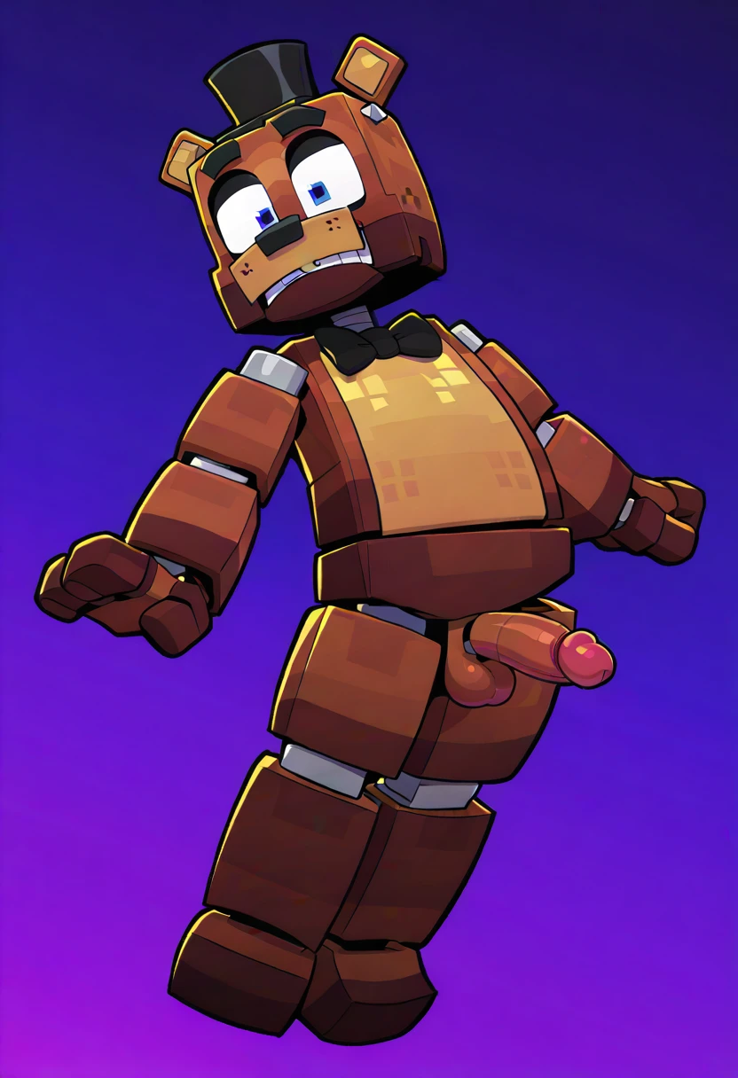 ZaminationFreddyFazbear, 1boy, brown robotic bear, two tone fur, black bowtie, small black top hat, blue eyes, robot joints, square body, square arms, solo, full body, masterpiece, best quality, newest, solo, highres, perfect face, perfect eyes, (artist:syuro:0.4), (artist:labbit:0.3), (artist:Purple Yoshi Draws:0.4), (artist:kuroodod:0.5), (artist:sinnerpen:1.0), (artist:sunibee:0.3), balls, wide hips, penis, dynamic pose, dynamic angle, dynamic