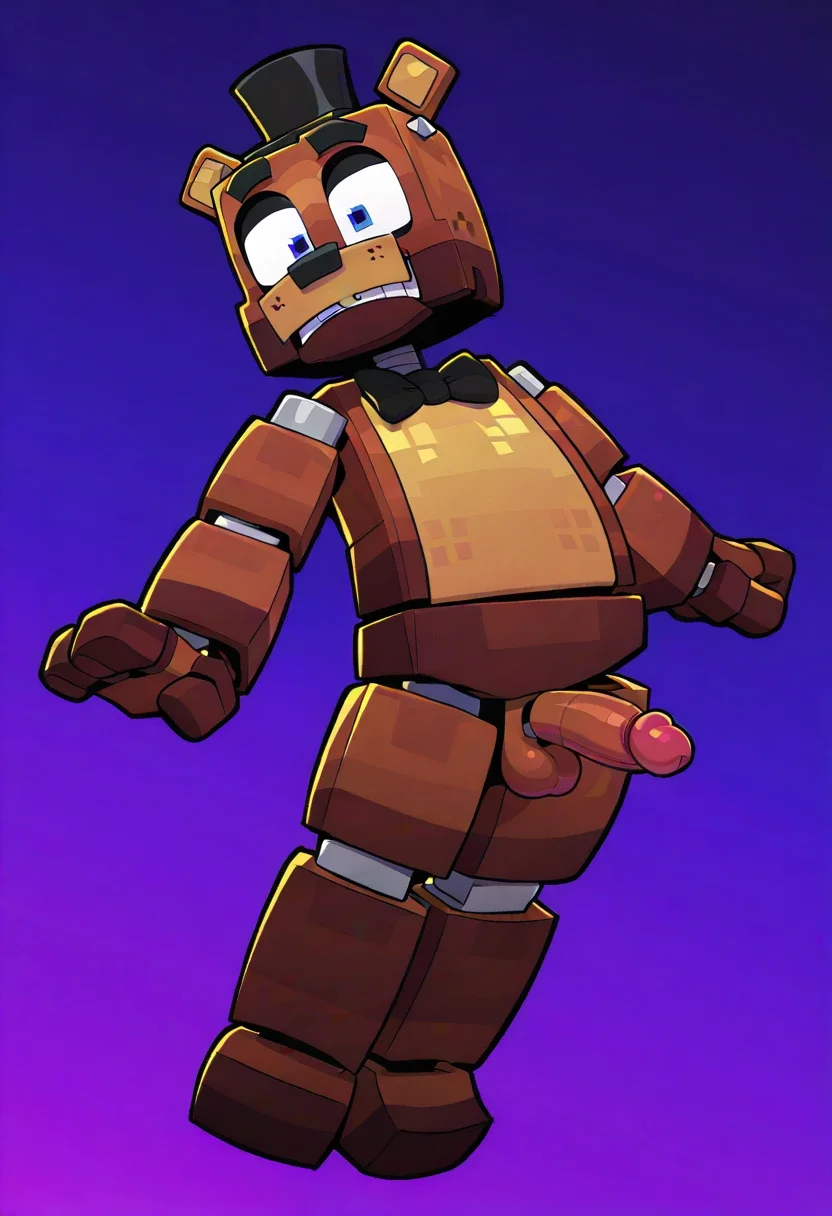 ZaminationFreddyFazbear, 1boy, brown robotic bear, two tone fur, black bowtie, small black top hat, blue eyes, robot joints, square body, square arms, solo, full body, masterpiece, best quality, newest, solo, highres, perfect face, perfect eyes, (artist:syuro:0.4), (artist:labbit:0.3), (artist:Purple Yoshi Draws:0.4), (artist:kuroodod:0.5), (artist:sinnerpen:1.0), (artist:sunibee:0.3), balls, wide hips, penis, dynamic pose, dynamic angle, dynamic