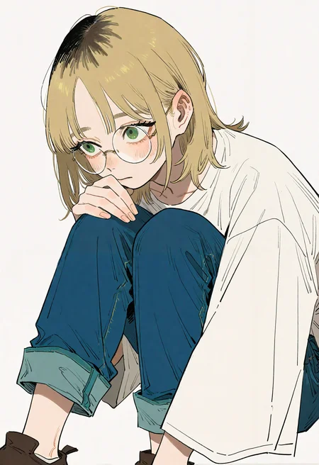 hachinuki tetsuyo, (go e 0000:1.2), (xilmo:1.1), painting \(medium\), brush stroke, grey background,
1boy, solo, androgynous, medium hair, parted bangs, round eyewear, green eyes, long eyelashes, dirty blonde hair, black roots \(hair\), hair down, blush,
oversized clothes, white shirt, jeans, pants rolled up, wide sleeves,
sitting, knee to chest, leaning forward, close-up, out of frame, looking afar,
masterpiece, high quality, highres, absurdres, very awa, very aesthetic, (perspective:1.1),
<lora:owk_bsh_yy:0.5>,
<lora:sample:1>,
<lora:veluflora-wai:0.4>