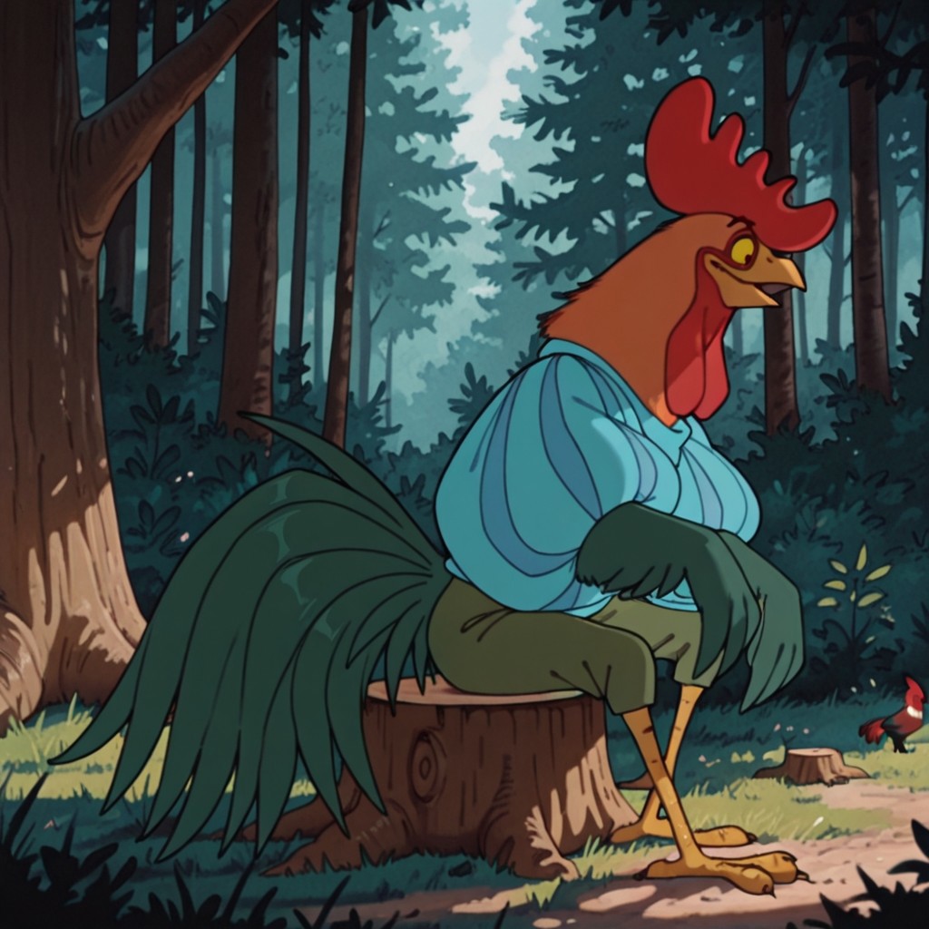 ((masterpiece, best quality, amazing quality,)) Alan-A-DaleRHil, semi-anthro, male, rooster, red comb, bird, green feathers, orange neck feathers, yellow sclera, black eyes, winged arms, blue striped shirt, puffy sleeves, green pants, green tail, sitting, on tree stump, in a forest,