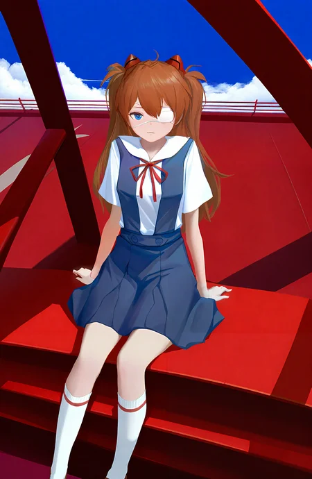 souryuu_asuka_langley, 1girl, solo, long_hair, looking_at_viewer, blue_eyes, shirt, skirt, brown_hair, ribbon, sitting, school_uniform, short_sleeves, sky, socks, cloud, red_ribbon, blue_skirt, two_side_up, kneehighs, white_socks, eyepatch, tokyo-3_middle_school_uniform