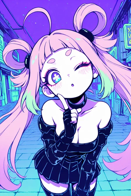 1girl, solo, 2000s anime (style), pink hair, huge ahoge, very long hair, twintails, wink, one eye closed, short bangs, forehead vid]sible, blunt bangs, thick eyebrows, fish eye lens, pink eyeshadow, fingerless gloves, piwhite pupils, symbol-shaped pupils, head tilt, streaked hair, multicolored hair, blue eyes, :o, hair rings, hair ornament, leaning forward, choker, thigh boots, heel boots, cowboy shot, dramatic perspective), dramatic wind, black gloves, cyberpunk city (setting), lighting, neon lights, hair behind ear, pleated skirt, index finger raised, blush, dutch angle, from above, cleavage, off-shoulder jacket, medium breasts, blending, cel shading,multicolored hair, eyelashes, blending, outline, white outline, (upper body :1.3), multicolored background, shadow, blending