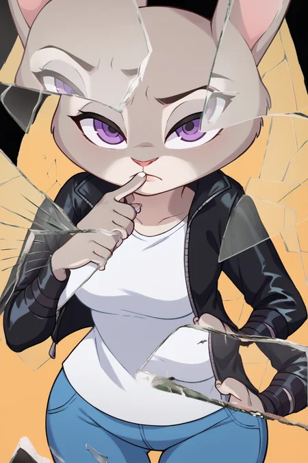 score_9, score_8_up, score_7_up, BREAK, <lora:manyakis-guy-PONYv1:1>, 1girl, solo, breasts,  <lora:BreakingGlassXLPDCAME:0.9> IncrsXLBrknGls, broken glass, reflection, judy hopps, leather jacket, white shirt, jeans, gradient background, cowboy shot, looking at viewer, wallet chain, zoom layer, black background, yellow background, (shushing:1.2), finger to mouth, expressionless,