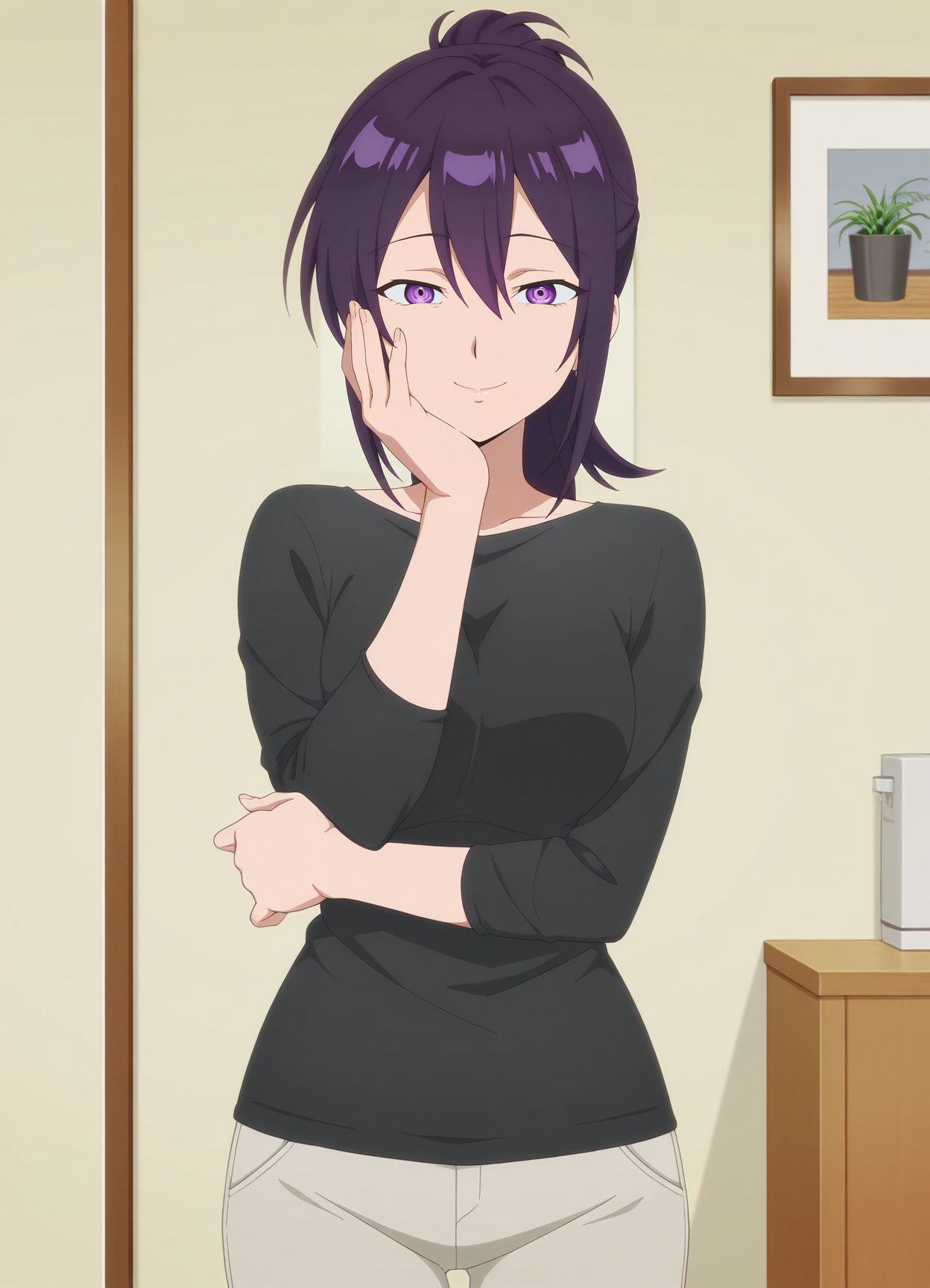 1girl,solo,mm,mature female,purple eyes,purple hair,long hair,ponytail,anime coloring,
shirt,pants,hand on own face,hand on own arm, looking at viewer, indoors,smile
,masterpiece,best quality,amazing quality,<lora:Motoko_Izumi-Kawaii_dake_ja_Nai_Shikimori-san:0.8>