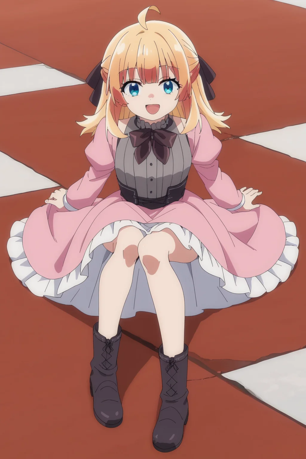 score_9,score_8_up,score_7_up, source_anime, anime screencap, 1girl, <lora:Lysia_Plaid_PonyXL_v2:1>, ahoge, long hair, blonde hair, hair bow, bangs, blue eyes,
pink dress, frilled dress, bow, long sleeves, juliet sleeves, bare legs, boots, 
looking at viewer, smile, open mouth, full body,