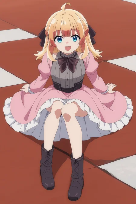 score_9,score_8_up,score_7_up, source_anime, anime screencap, 1girl, <lora:Lysia_Plaid_PonyXL_v2:1>, ahoge, long hair, blonde hair, hair bow, bangs, blue eyes,
pink dress, frilled dress, bow, long sleeves, juliet sleeves, bare legs, boots, 
looking at viewer, smile, open mouth, full body,