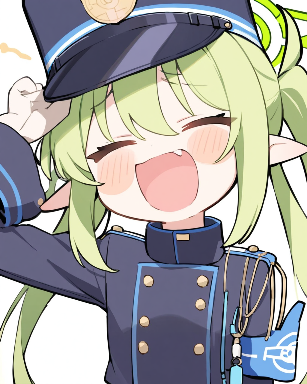 best quality,masterpiece,<lora:nozomi_(blue_archive):1>,1girl, >_<, animated, black_hat, black_jacket, blue_armband, blush_stickers, chibi, closed_eyes, closed_mouth, collared_jacket, green_hair, green_halo, hand_on_own_cheek, hand_up, high_collar, laughing, long_hair, long_sleeves, no_nose, nozomi_\(blue_archive\), open_mouth, peaked_cap, puff_of_air, simple_background, solo, sound, split_mouth, twintails, upper_body, video, white_background, yellow_eyes
