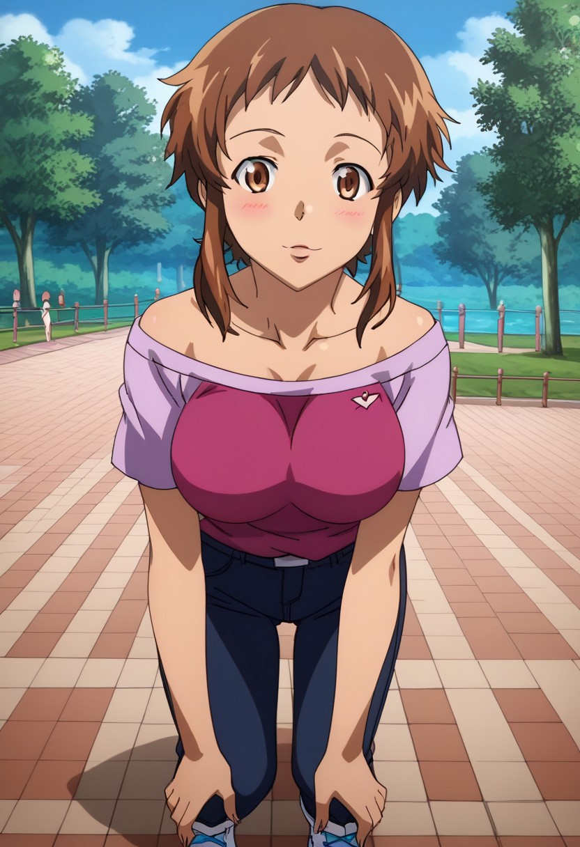Ultra-high-detailed Anime illustration of Hinata Hino from the anime Mirai Nikki. 
source_anime, anime screencap, rating_safe. The artwork features Yuno Gasai in a solo, standing position with a outdoors, street background. She is depicted with intricate details showcasing her large breasts, covered face, and feet. Hinata Hino is looking at the viewer with open brown eyes. She has short hair, brown hair, short hair with long locks, sidelocks, styled in straight hair, floating hair, shiny hair, and is wearing very tight t-shirt, sleeveless (very tight t-shirt), strapless, black jeans, white shoes, cleavage, big breasts. The artistic style is intricate_details_xl with a focus, The color palette emphasizes pink and black, with detailed brush strokes to bring out the character's features. The lighting creates dramatic shadows and highlights, adding depth to the artwork. The perspective is from a slightly elevated angle to enhance the impact of the character's expression. This masterpiece is a true portrayal of Hinata Hino's complex personality and will captivate any fan of Mirai Nikki. Age 23, uncensored,hino_hinata, Hinata