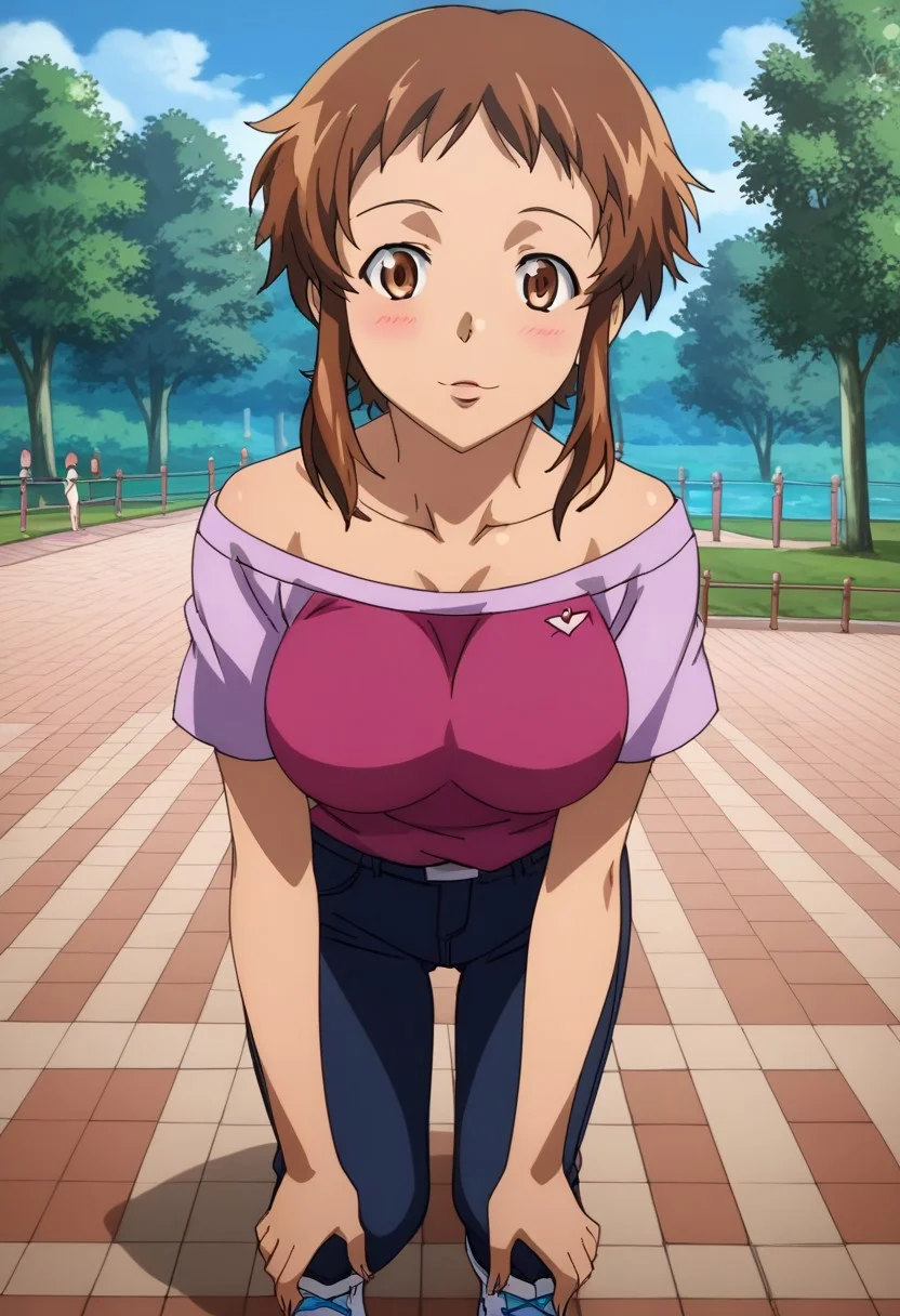 Ultra-high-detailed Anime illustration of Hinata Hino from the anime Mirai Nikki.
source_anime, anime screencap, rating_safe. The artwork features Yuno Gasai in a solo, standing position with a outdoors, street background. She is depicted with intricate details showcasing her large breasts, covered face, and feet. Hinata Hino is looking at the viewer with open brown eyes. She has short hair, brown hair, short hair with long locks, sidelocks, styled in straight hair, floating hair, shiny hair, and is wearing very tight t-shirt, sleeveless (very tight t-shirt), strapless, black jeans, white shoes, cleavage, big breasts. The artistic style is intricate_details_xl with a focus, The color palette emphasizes pink and black, with detailed brush strokes to bring out the character's features. The lighting creates dramatic shadows and highlights, adding depth to the artwork. The perspective is from a slightly elevated angle to enhance the impact of the character's expression. This masterpiece is a true portrayal of Hinata Hino's complex personality and will captivate any fan of Mirai Nikki. Age 23, uncensored,hino_hinata, Hinata
