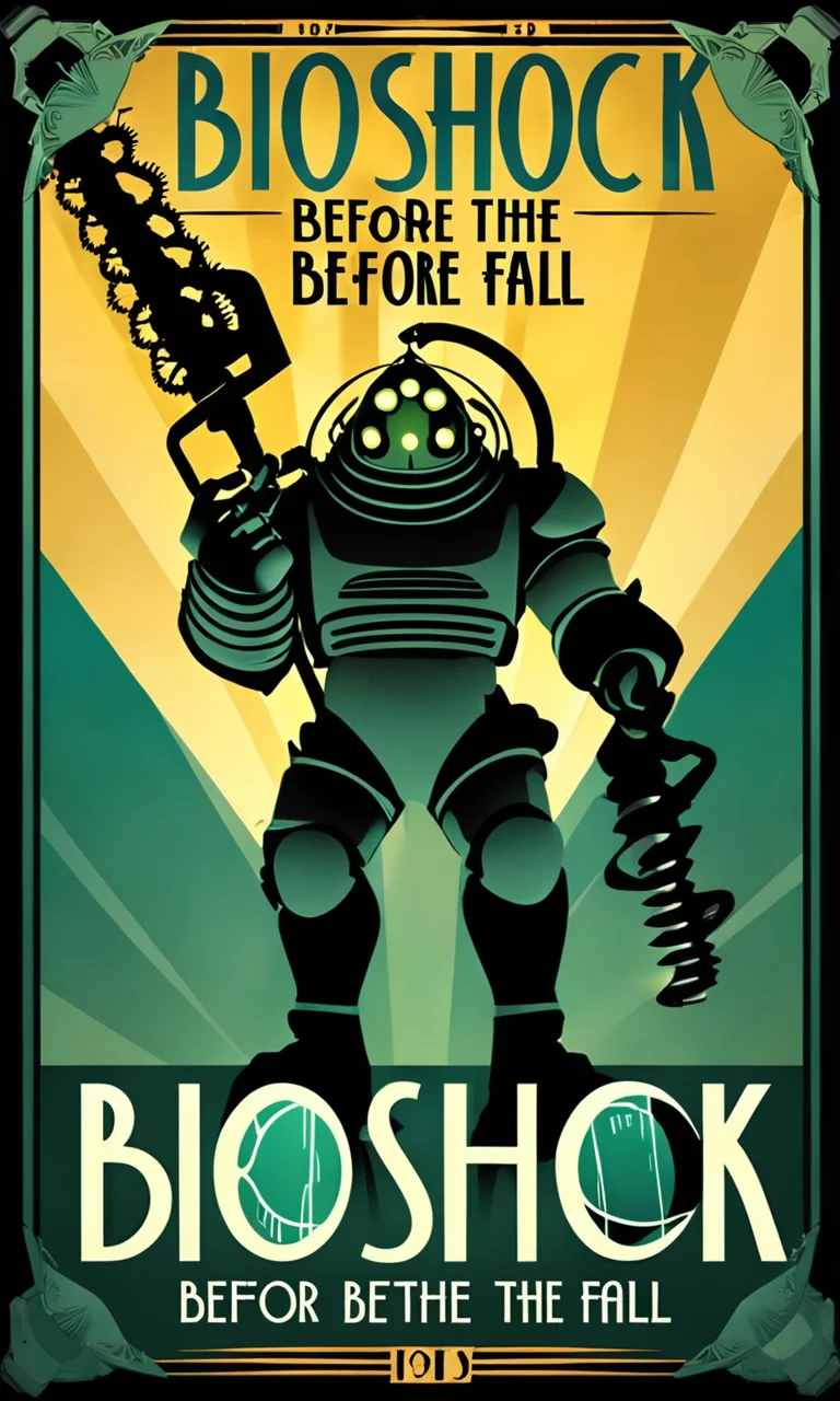 diver with drill arm,big daddy, Text:"Bioshock Before the Fall", <lora:artdecopostsdxl:0.8>, art deco style poster, 1940s, vibrant color,